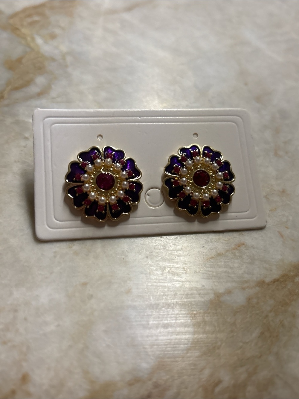Vintage Gold Floral Earrings with Purple Enamel and Pearls